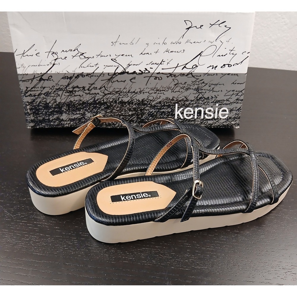 Kensie Dessie Black Strappy Platform Sandals Square Toe Flatform KS211290 6M